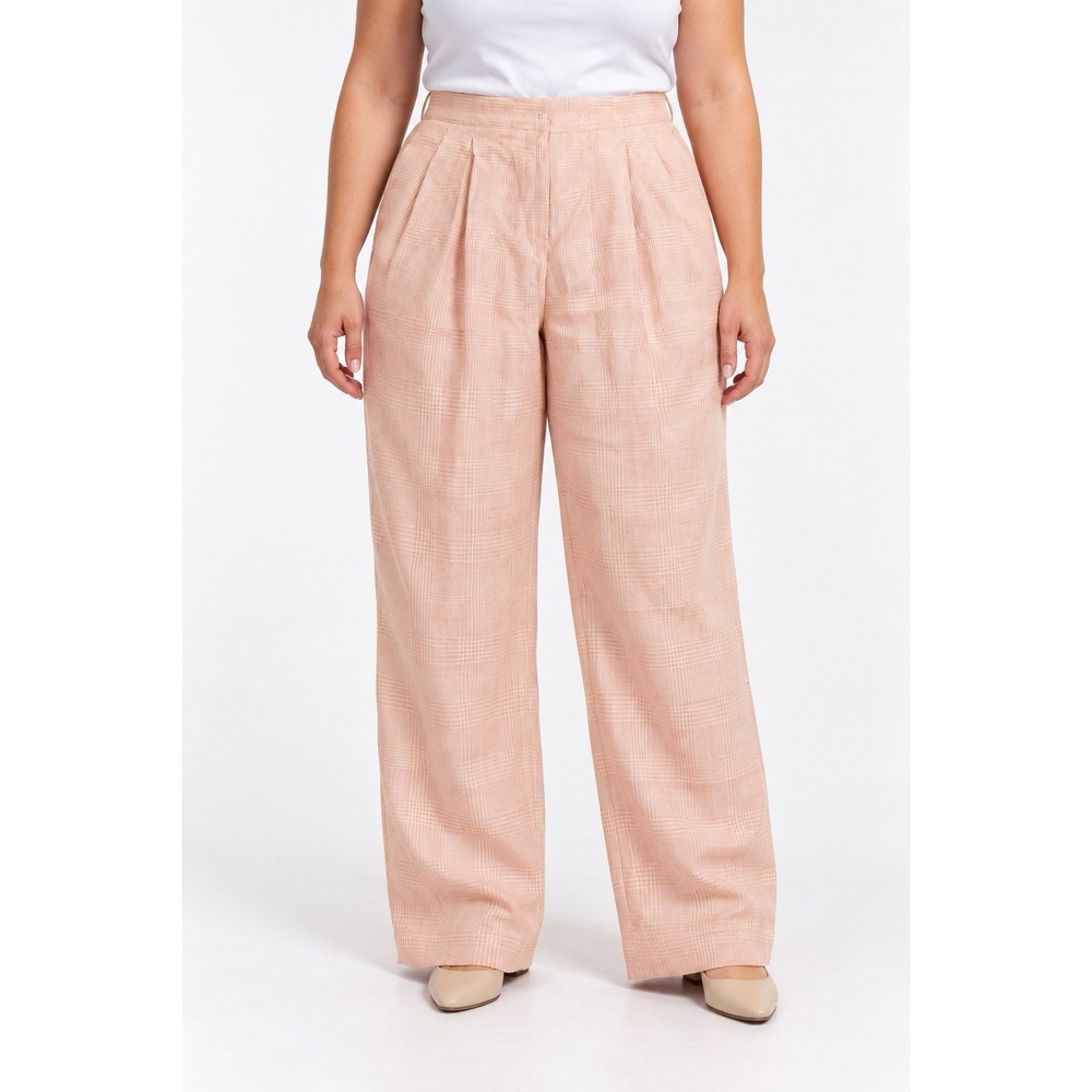 Rena Lange Linen Plaid Pleated Pants Women's 14 Pink Cream Lined Trousers